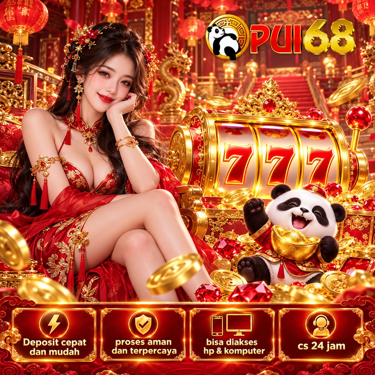 Ilustrasi PUI68 suasana oriental merah emas bersama karakter panda