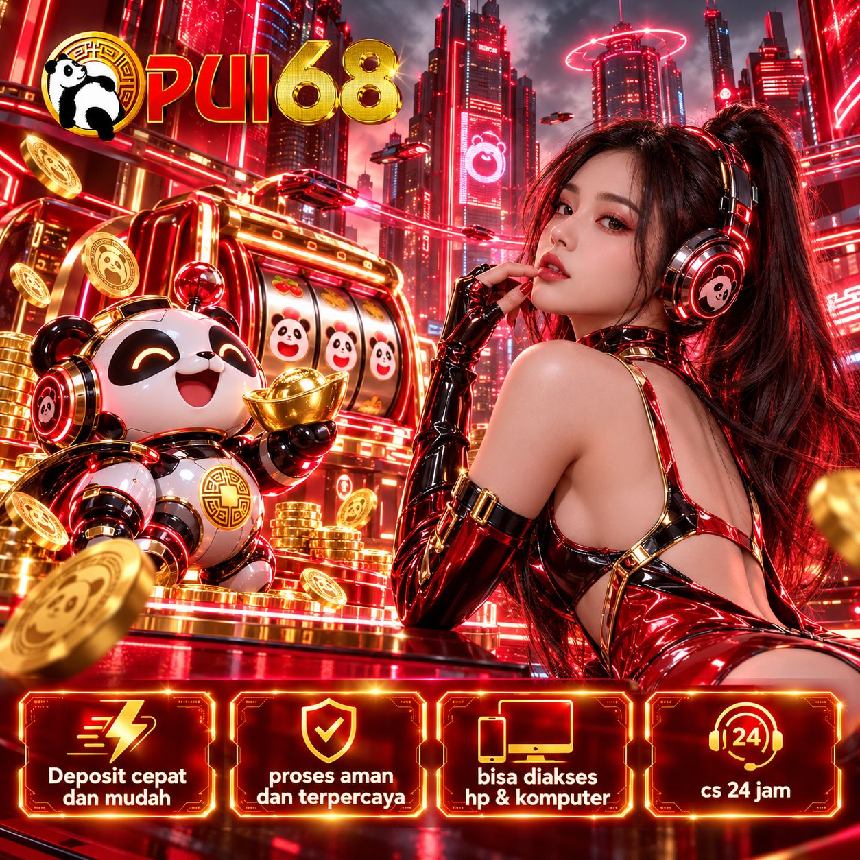 Ilustrasi PUI68 bertema kota futuristis merah dan panda robot