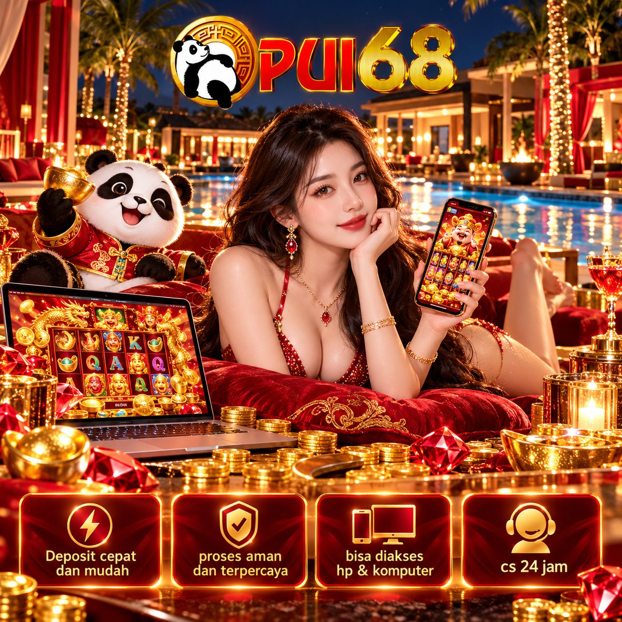 Ilustrasi PUI68 di resor malam dengan karakter panda dan informasi layanan